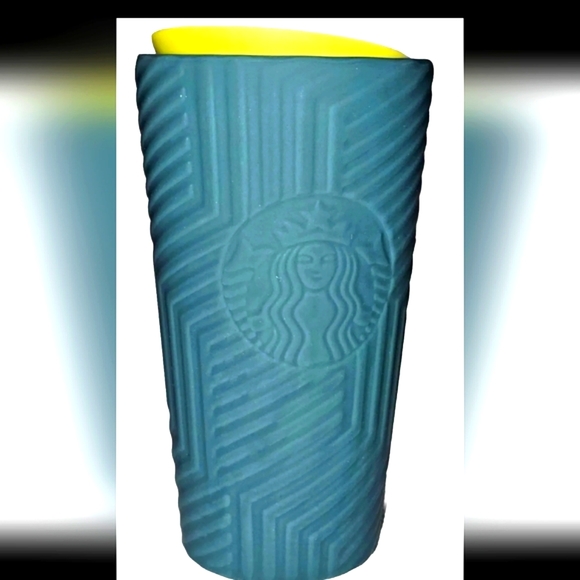 Starbucks Other - NWT, Starbucks Geometric Blue Ceramic  Tumbler (12 oz) w/yellow lid. Soft/touch